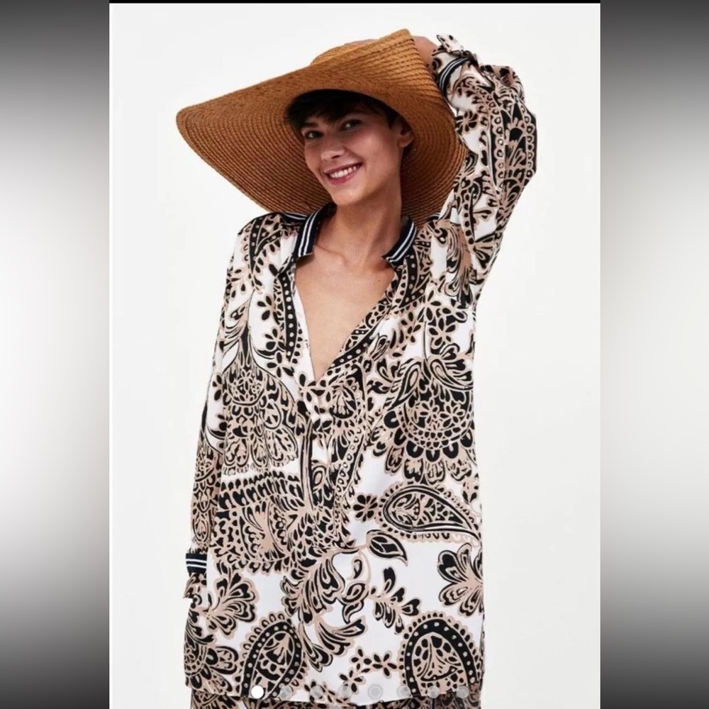 Zara Women's Paisley Floral Print Black Cream Tan Tunic Top High Low Chic XS